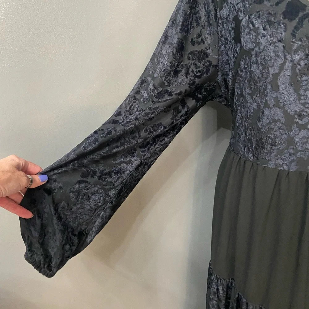 Velvet Burn Out Black/Blue Chiffon Tiered Midi Dress W/Slip Sheer Oversized L - Picture 5 of 17